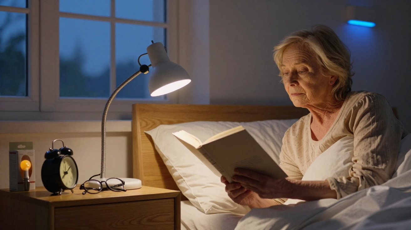 Senhora idosa deitada a ler livro à noite com candeeiro de mesa aceso no quarto.