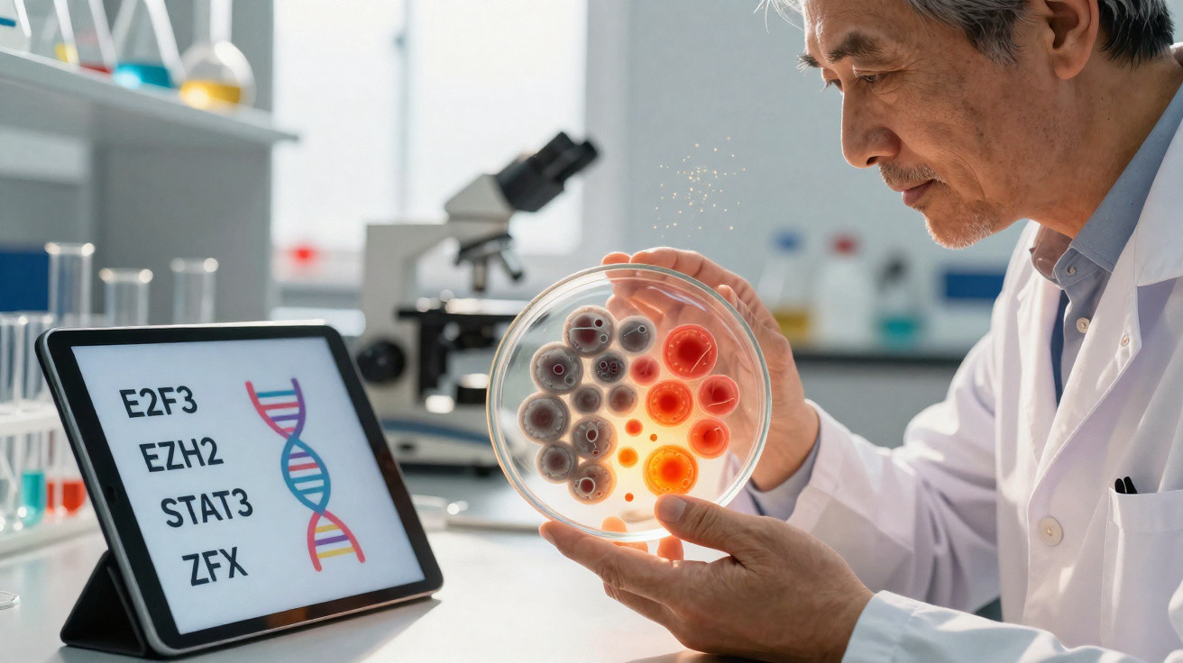 Cientista examina placa de Petri com colónias coloridas num laboratório moderno com ADN no tablet.