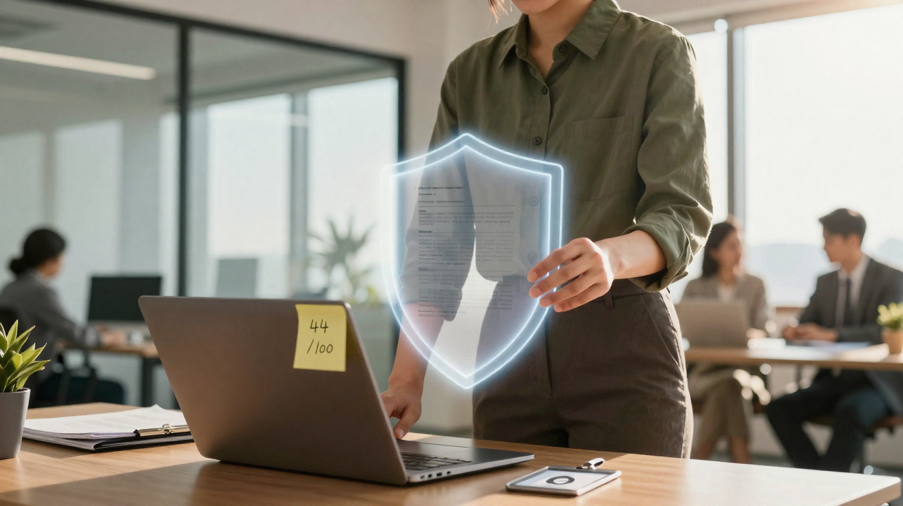 Pessoa a usar portátil com escudo digital holográfico de segurança em escritório moderno.