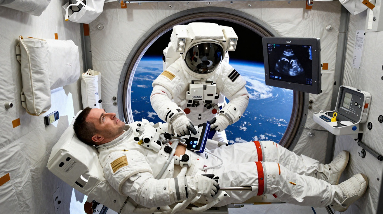 Astronauta em fato espacial realiza exame médico enquanto outro observa, com vista para a Terra ao fundo.