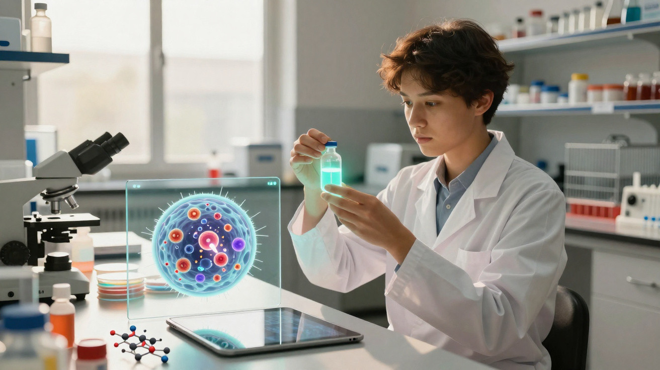 Cientista jovem em laboratório a analisar frasco luminoso com modelo digital de vírus na mesa.