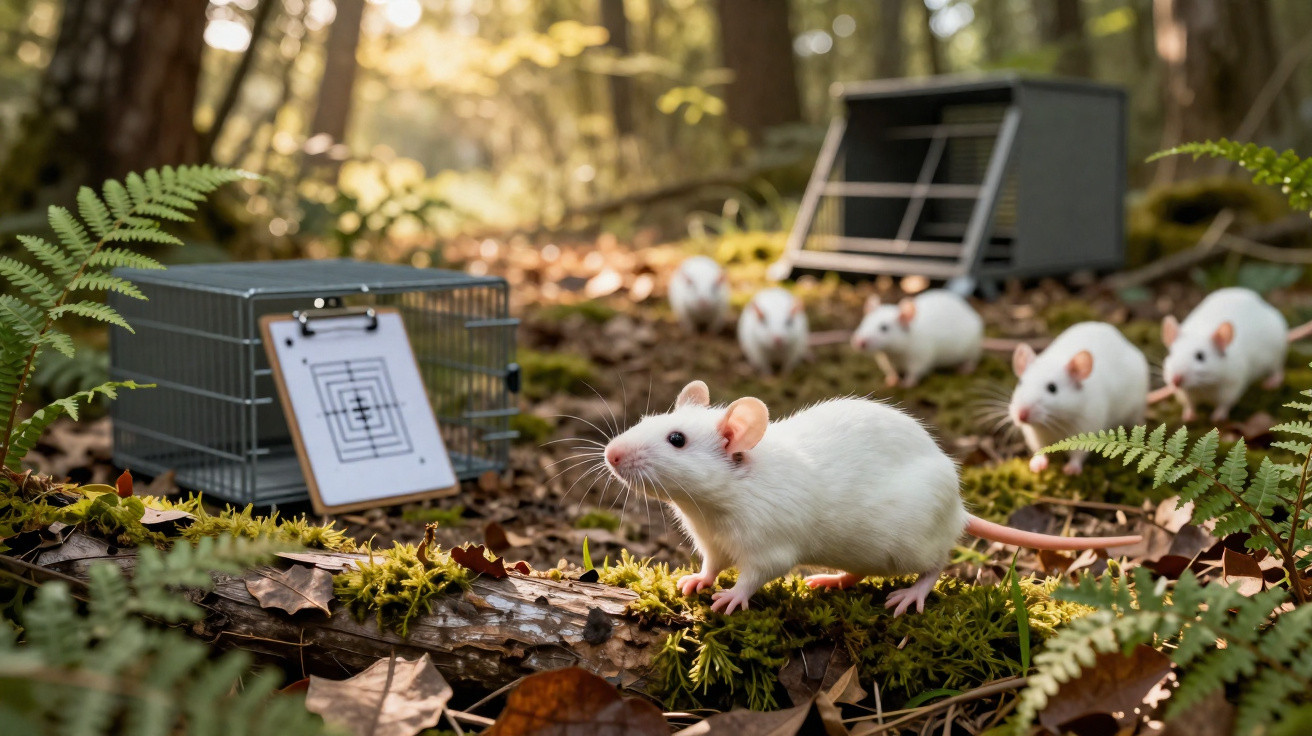Ratos brancos no chão da floresta próximos de armadilhas live trap para captura e estudo de animais.