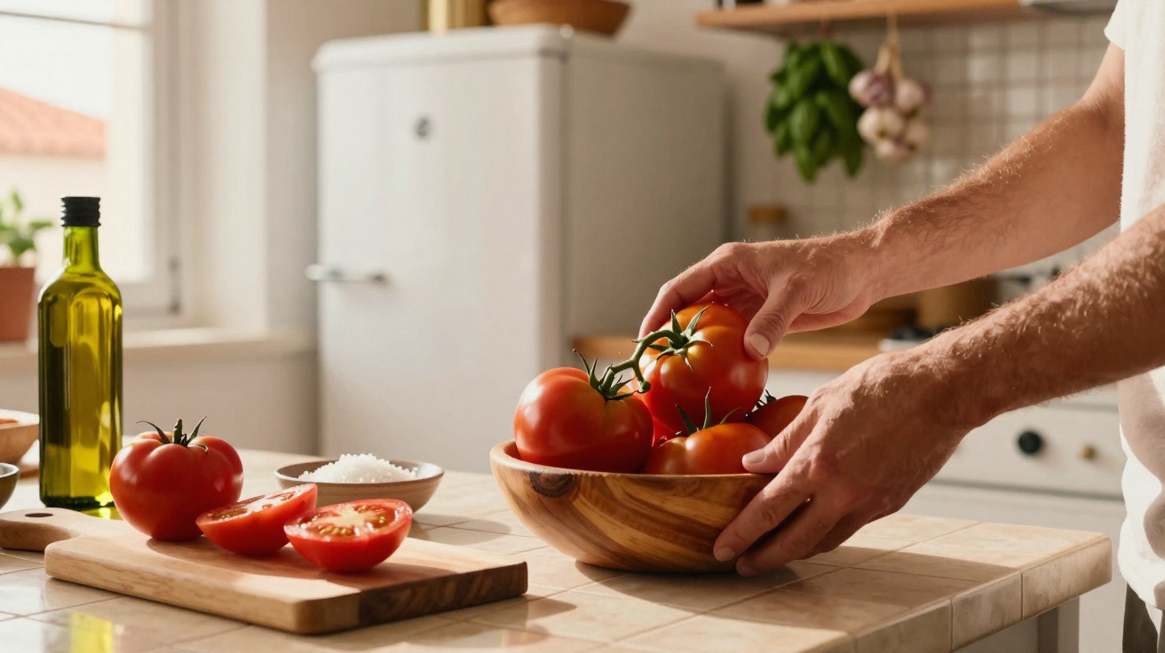 Mãos a colocar tomates num prato de madeira numa cozinha com azeite e sal à vista.