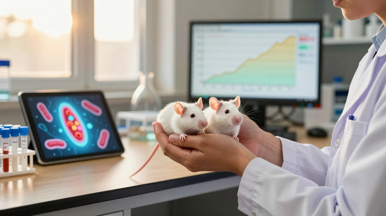 Investigadora segura dois ratos brancos numa mão num laboratório com gráficos e imagens de bactérias ao fundo.