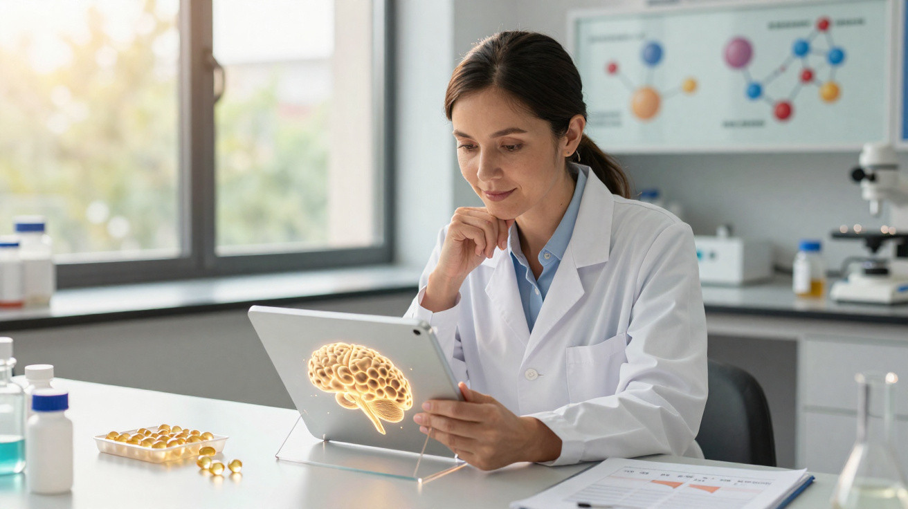 Cientista de bata branca analisando modelo digital de cérebro num tablet num laboratório moderno.