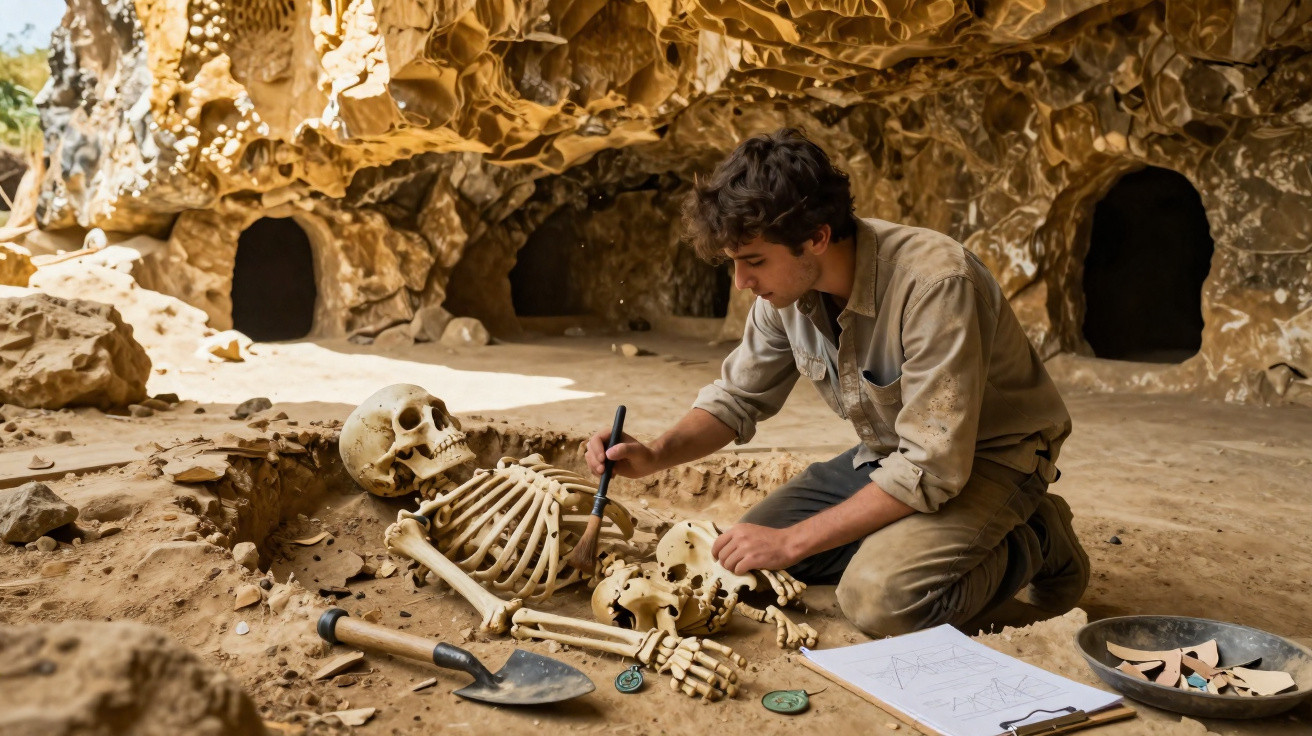 Arqueólogo escava e examina um esqueleto humano em caverna com ferramentas e notas ao lado.