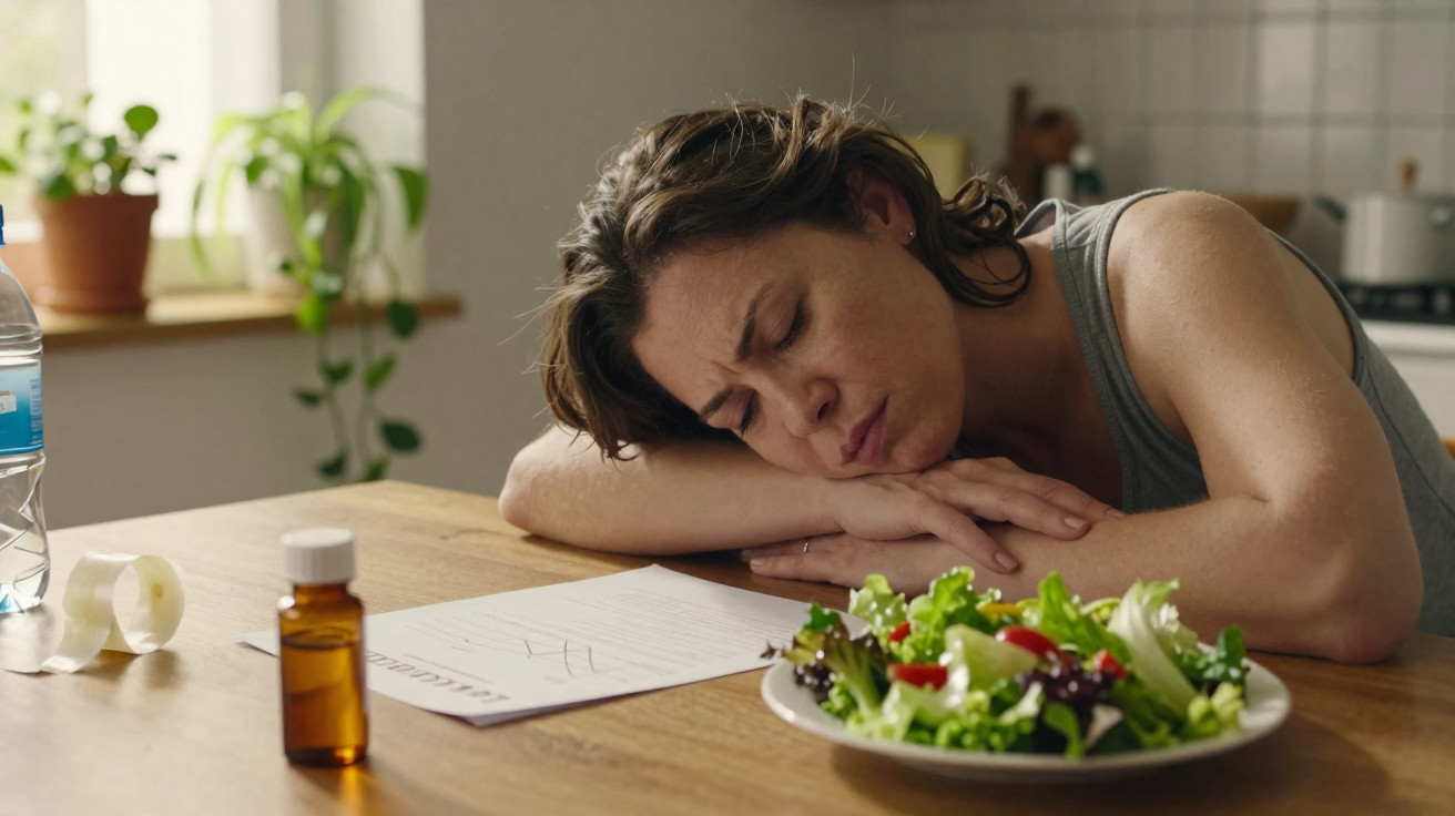 Mulher cansada encostada na mesa com uma salada, medicamentos e copo de água à sua frente na cozinha.