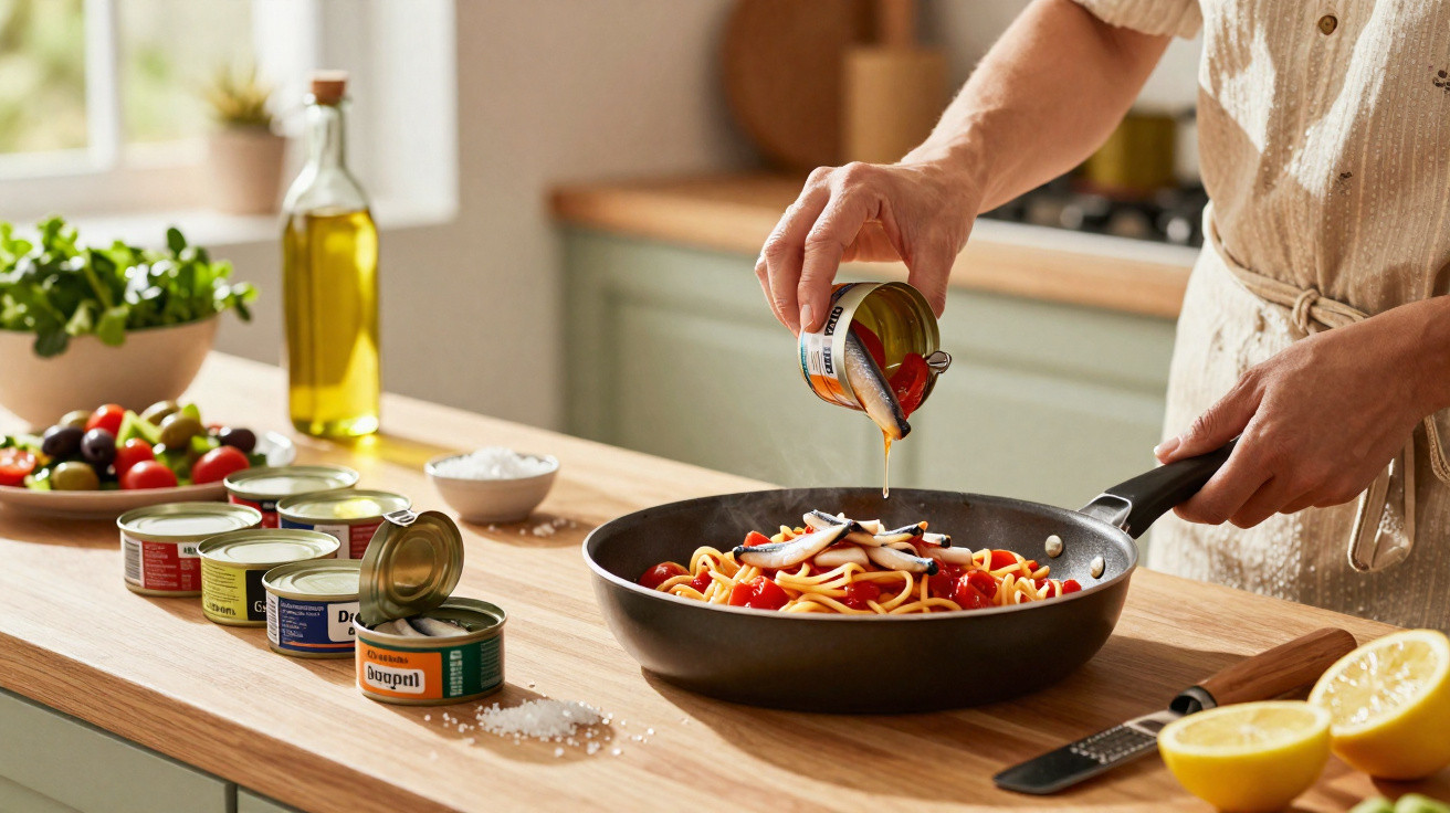 Pessoa a deitar azeite sobre massa com tomate e azeitonas numa frigideira numa cozinha moderna.