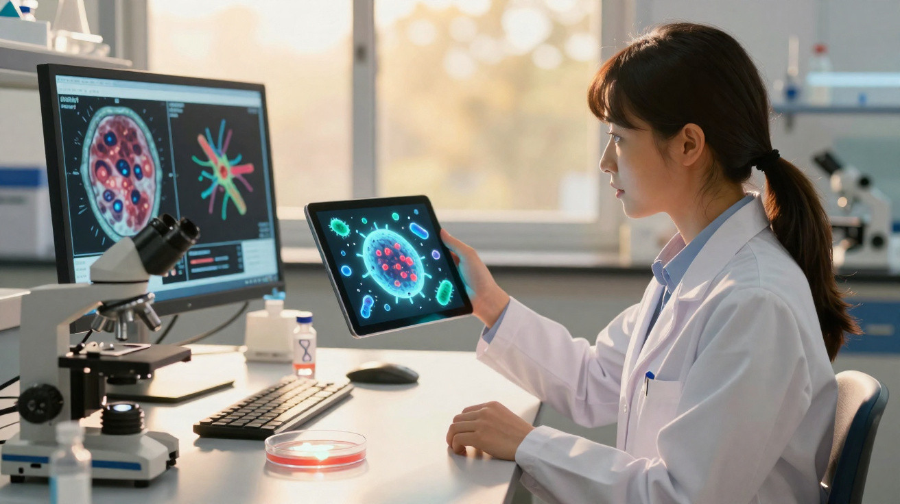 Cientista em laboratório a analisar imagens digitais de microorganismos numa tablet e no ecrã do computador.