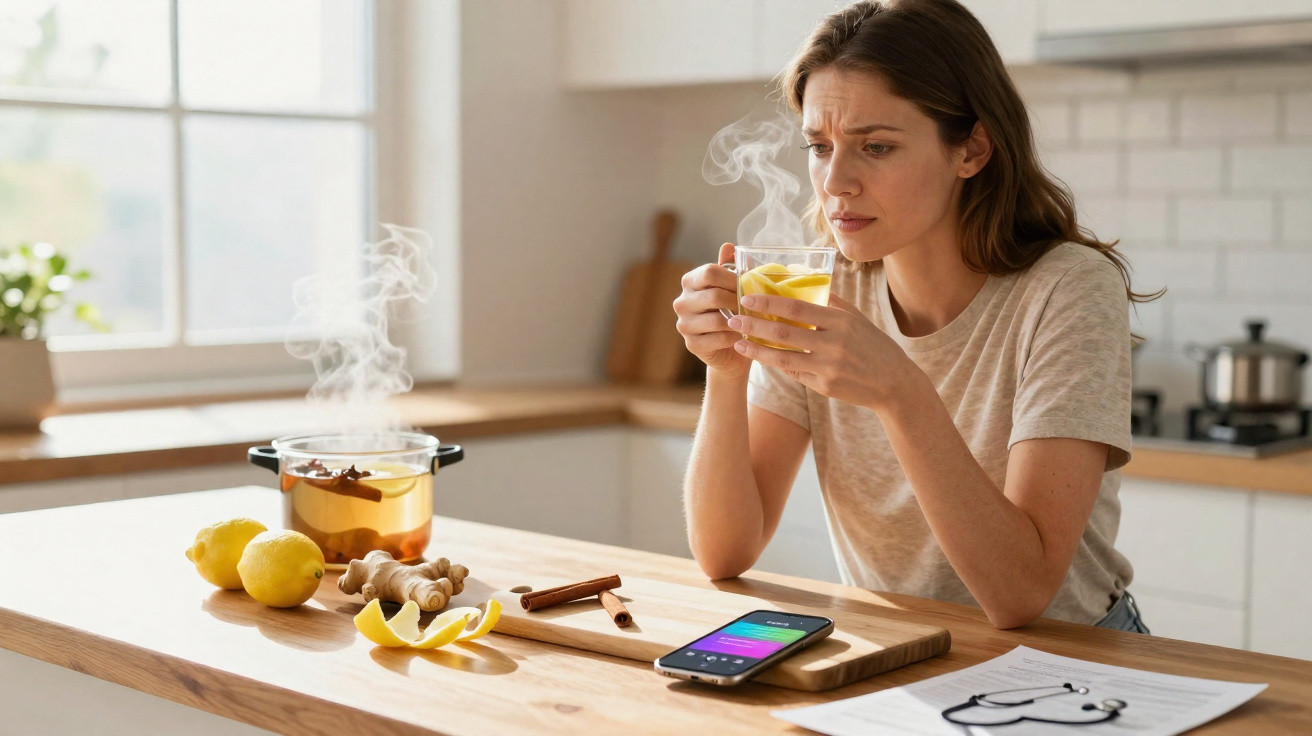 Mulher sentada na cozinha a sentir-se mal, segurando chá quente com limão, gengibre e canela numa mesa de madeira.