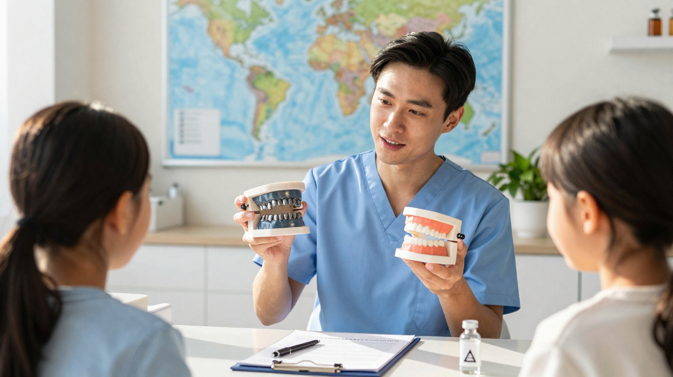 Dentista em azul explica modelos dentários a duas pacientes numa consulta.