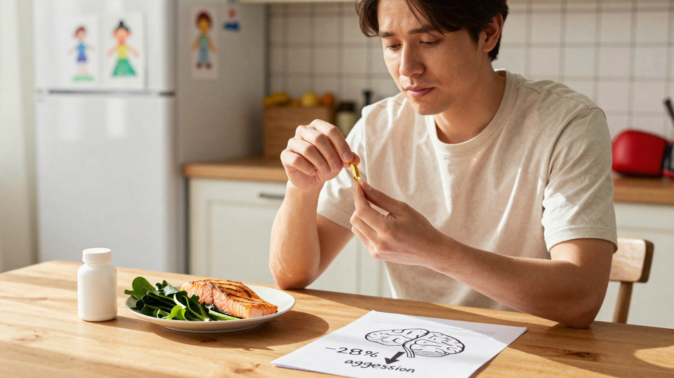 Homem sentado à mesa a tomar suplemento, com prato de salmão e espinafres e folha com desenho de cérebro.