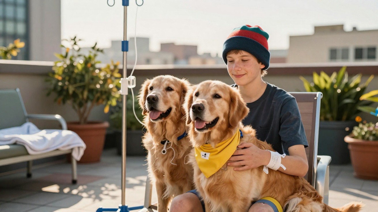 Rapaz sentado abraça dois cães golden retriever num terraço, com suporte de soro ligado.