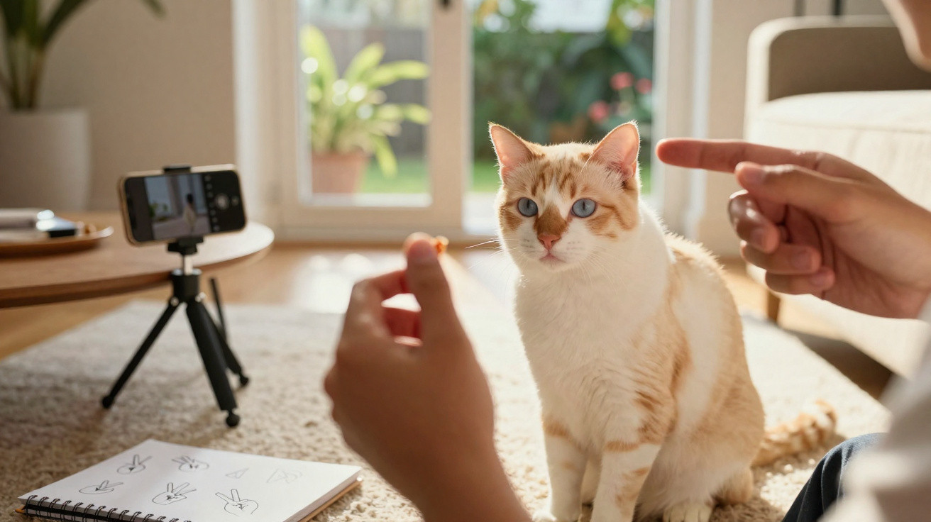 Gato branco e castanho com olhos azuis sentado em tapete, pessoa a interagir e câmara em tripé no chão.