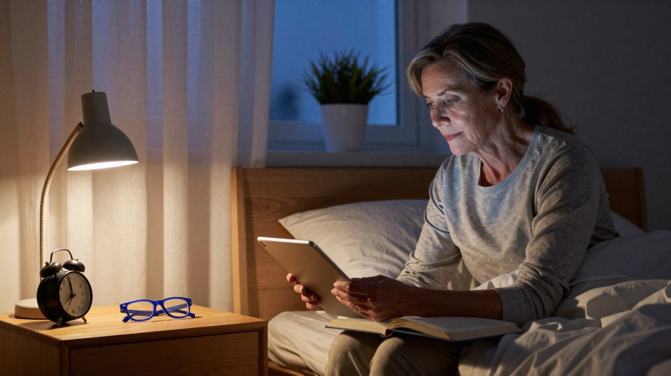Mulher sentada na cama à noite a ler em tablet, com candeeiro ligado e relógio no criado-mudo.