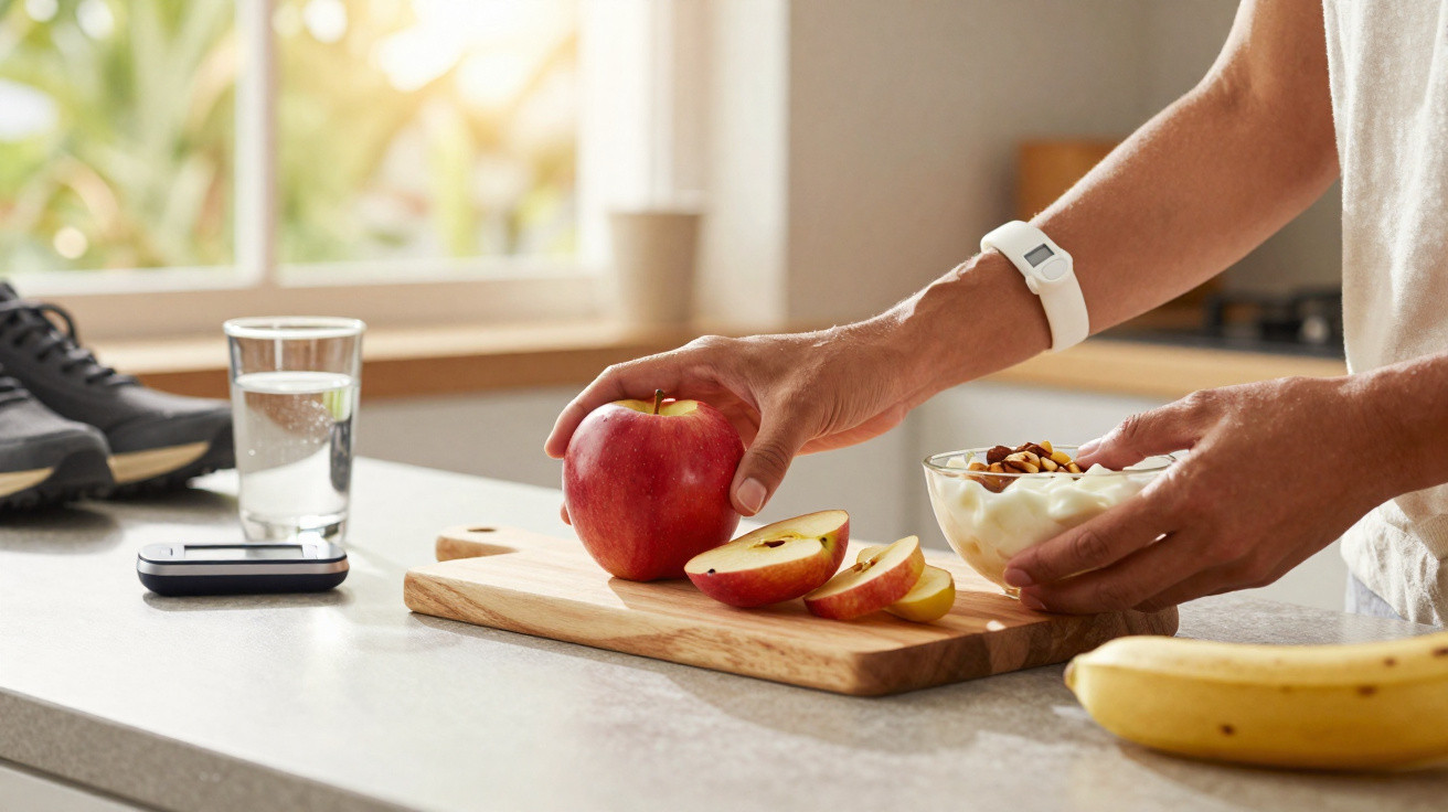 Pessoa com pulseira fitness a preparar iogurte com fruta num balcão de cozinha iluminado.