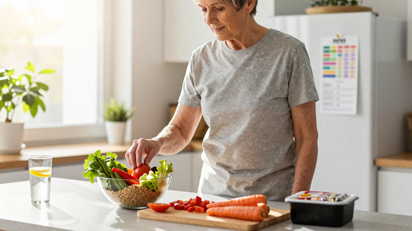Mulher idosa a preparar salada com legumes frescos numa cozinha luminosa e moderna.