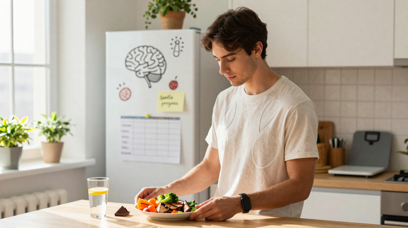 Homem jovem a preparar-se para comer refeição saudável numa cozinha moderna e iluminada.