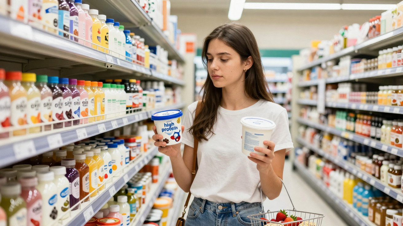 Mulher jovem veste t-shirt branca a comparar iogurtes na secção de lacticínios de supermercado.