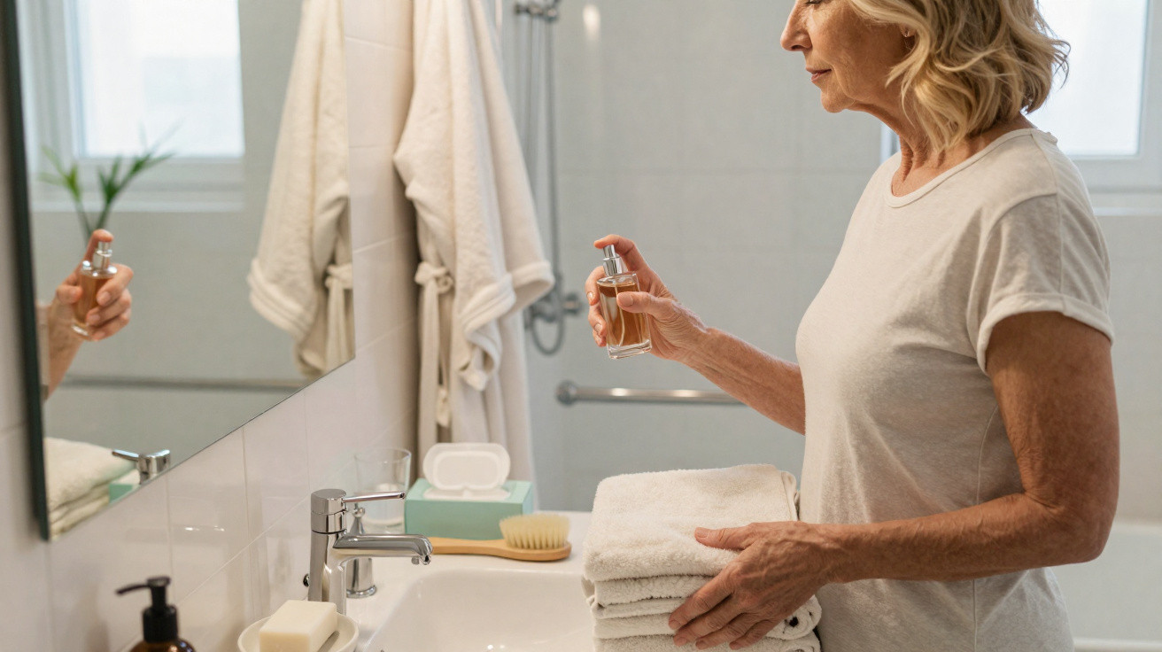 Mulher madura num banheiro a borrifar perfume, segurando toalhas brancas dobradas.