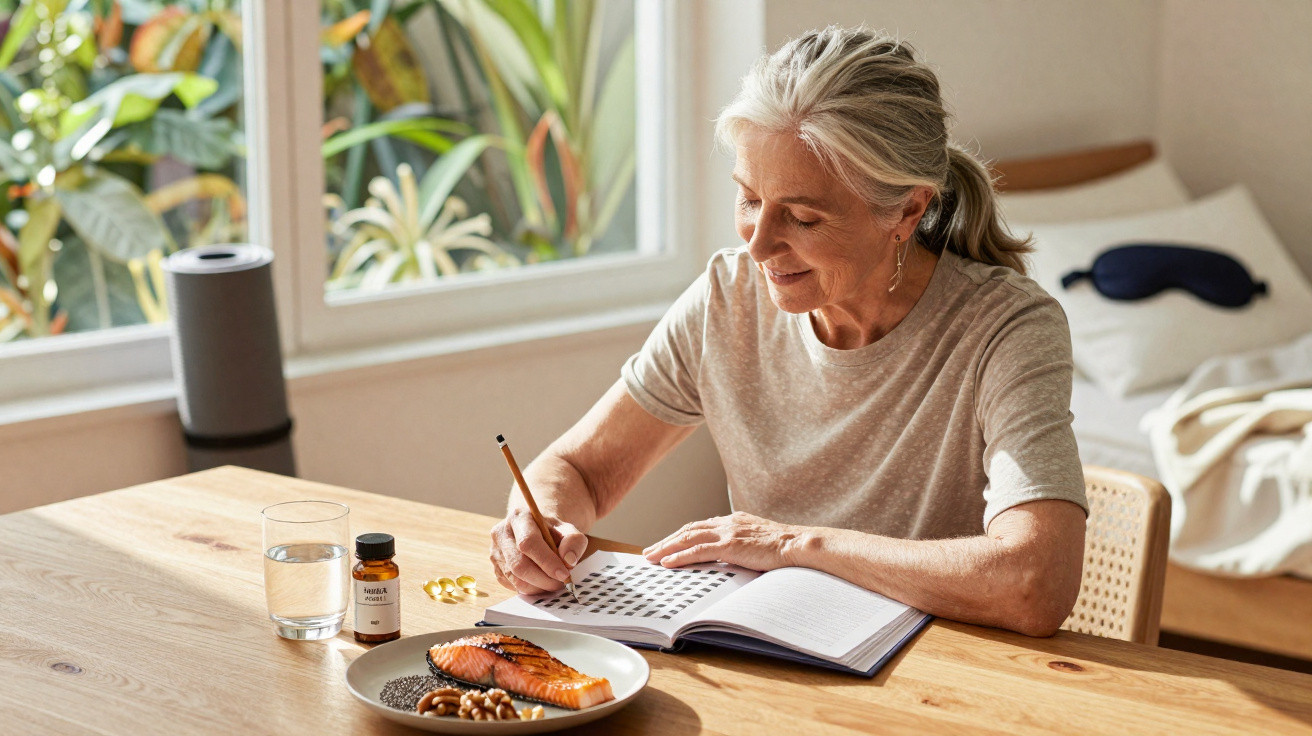 Mulher sénior sentada à mesa a escrever num caderno, com prato de salmão, nozes, cápsulas e copo de água.