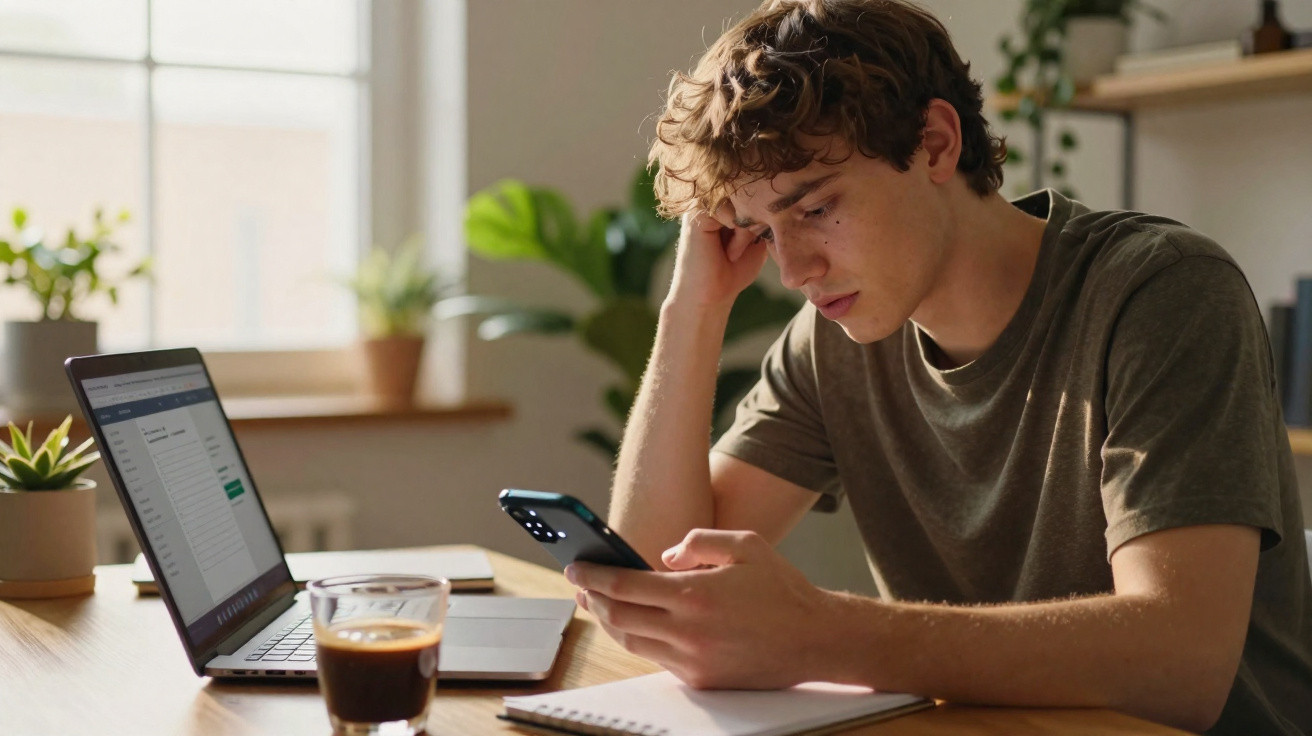 Jovem sentado à mesa, preocupado, a olhar para o telemóvel com portátil e café à sua frente.