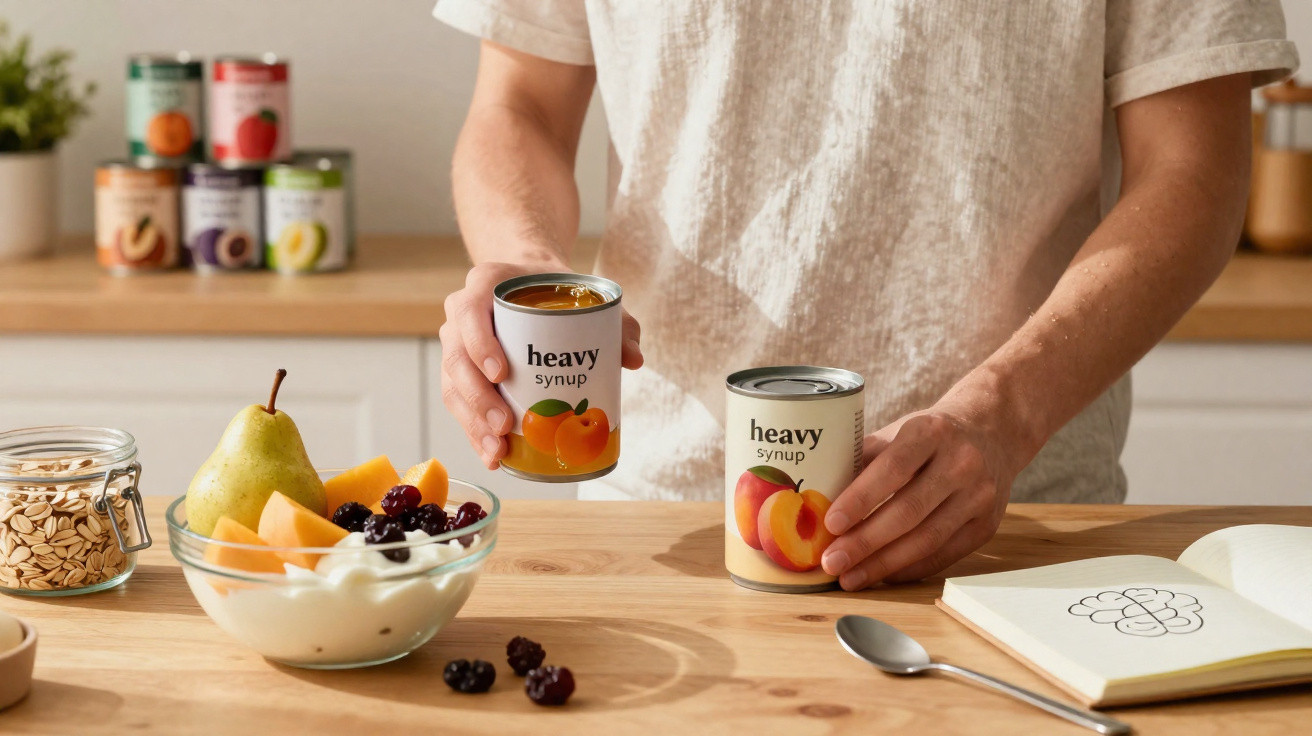 Pessoa segurando latas de xarope, com fruta, iogurte e aveia numa bancada de cozinha.
