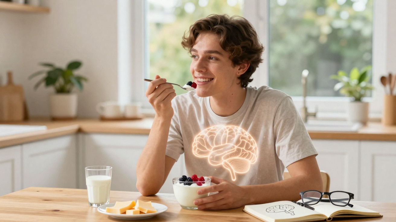 Jovem a comer iogurte com frutos vermelhos, com ilustração de cérebro luminosa na t-shirt, numa cozinha.