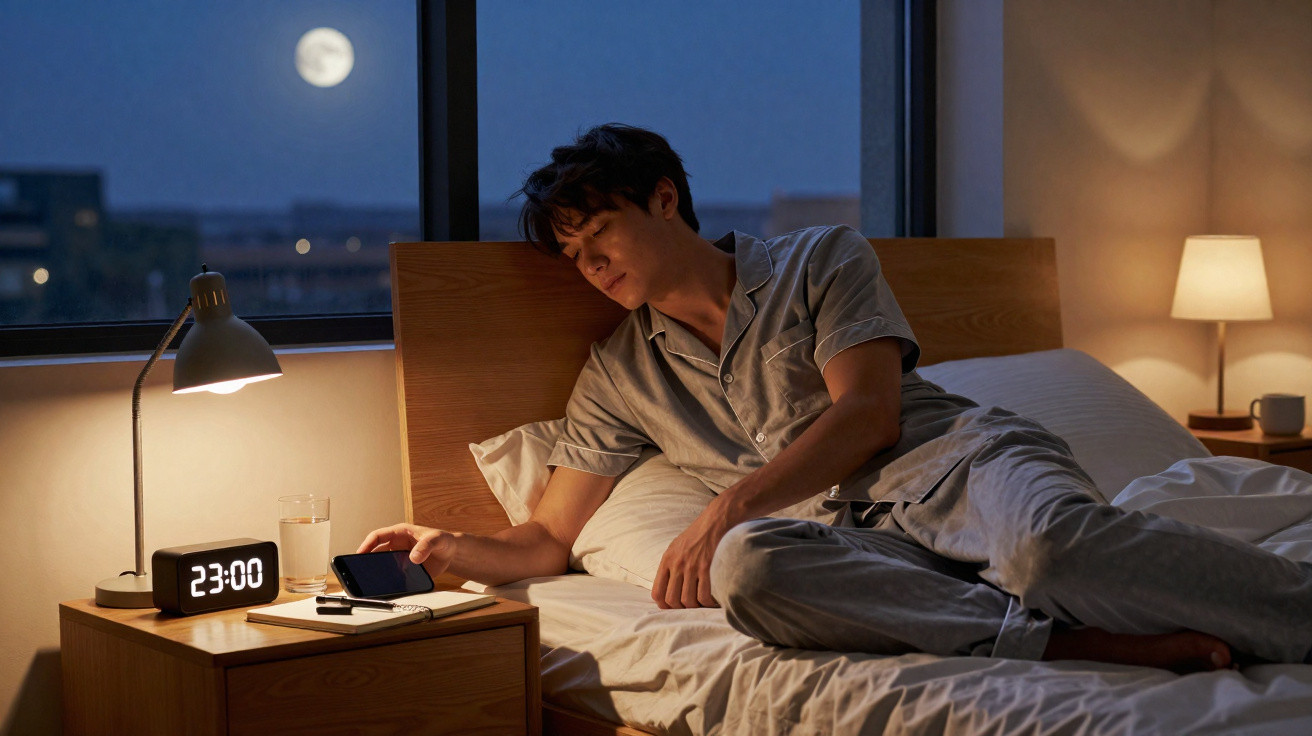 Homem de pijama apanhando telemóvel numa cama à noite, com lua cheia visível pela janela.