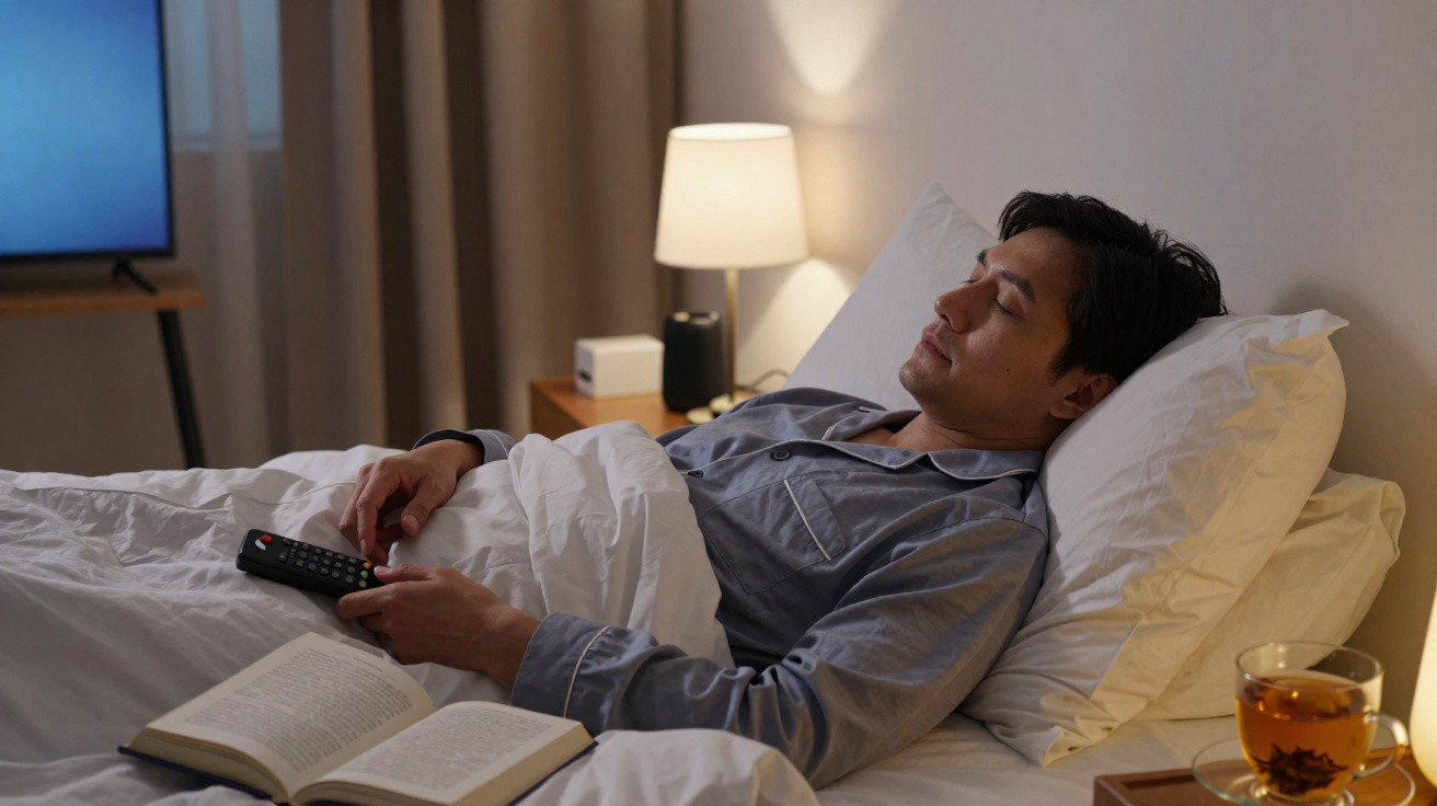 Homem de pijama deitado na cama a segurar um comando, com um livro aberto e chá ao lado.