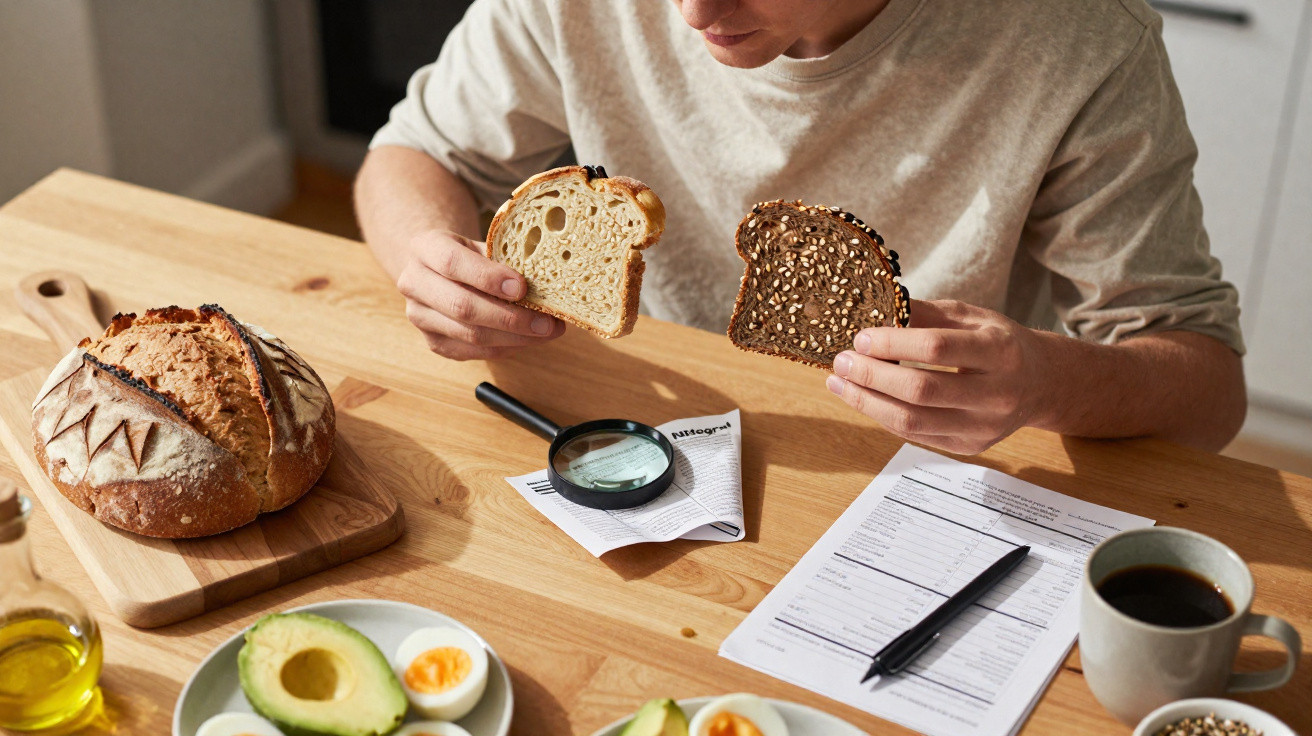 Pessoa comparando fatias de pão branco e integral durante pequeno-almoço com comida e documentos na mesa.