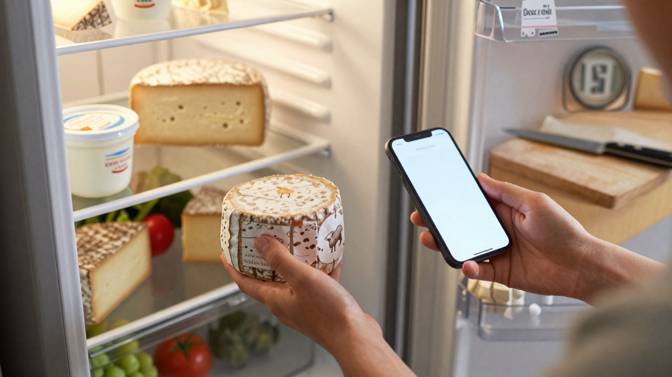 Pessoa a segurar queijo e smartphone diante de frigorífico aberto com queijos e legumes no interior.