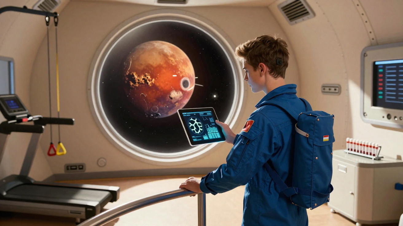 Jovem astronauta observa planeta vermelho através de janela enquanto usa tablet num espaço moderno.