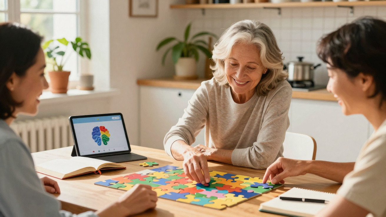 Três mulheres, uma sénior e duas mais jovens, montam um puzzle colorido numa mesa de cozinha.