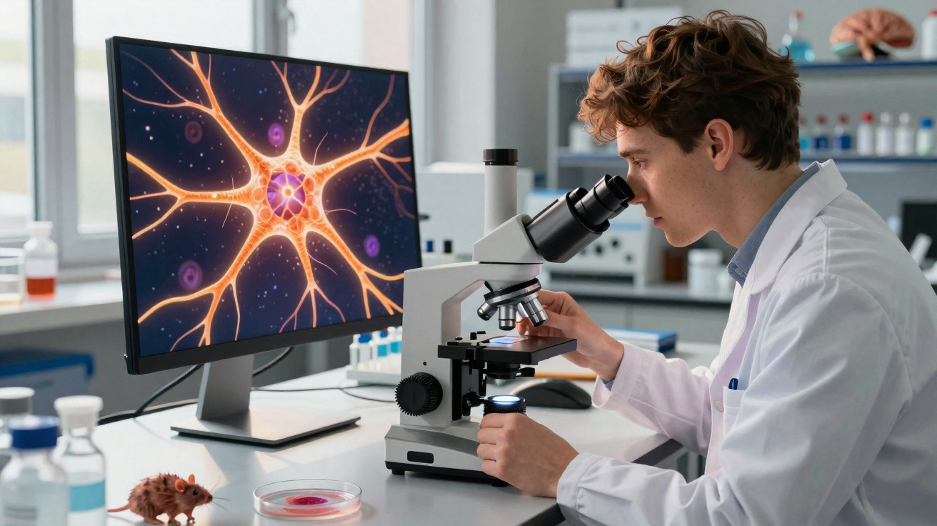 Cientista a observar microscópio com imagem de neurona no ecrã do computador em laboratório.