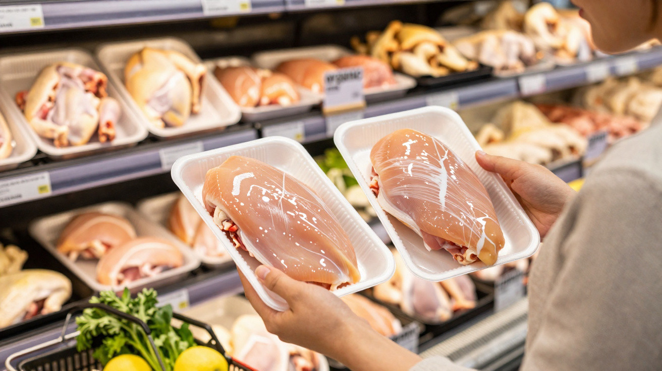 Pessoa a segurar duas embalagens de peito de frango cru num supermercado, com várias peças de frango na prateleira.