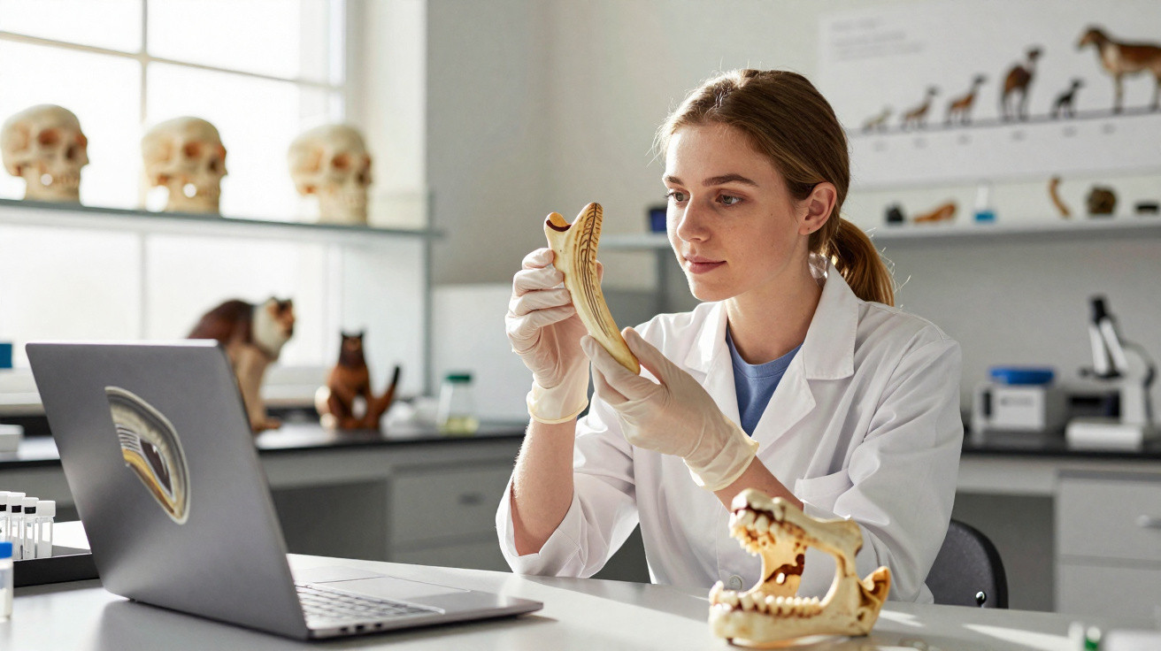 Jovem cientista em laboratório a examinar mandíbula animal com modelo anatómico e computador portátil à frente.
