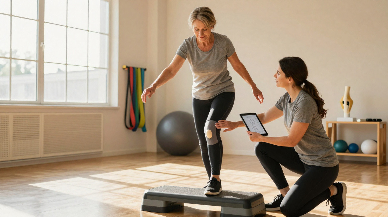 Fisioterapeuta orienta mulher idosa com joelheira a fazer exercício de equilíbrio usando um degrau numa sala iluminada.