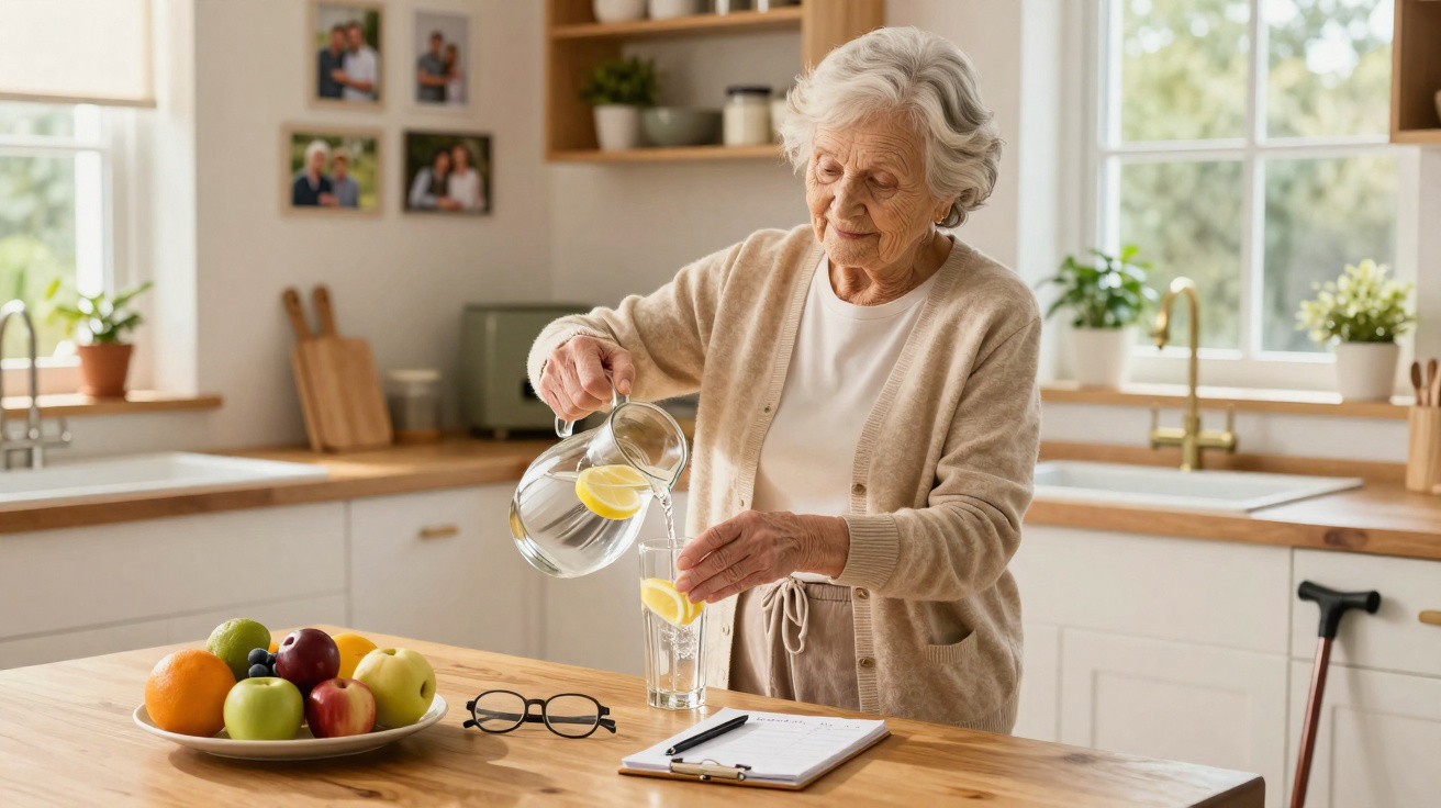 Mulher idosa em cozinha luminosa a servir água com limão num copo, ao lado de fruta e bloco de notas.