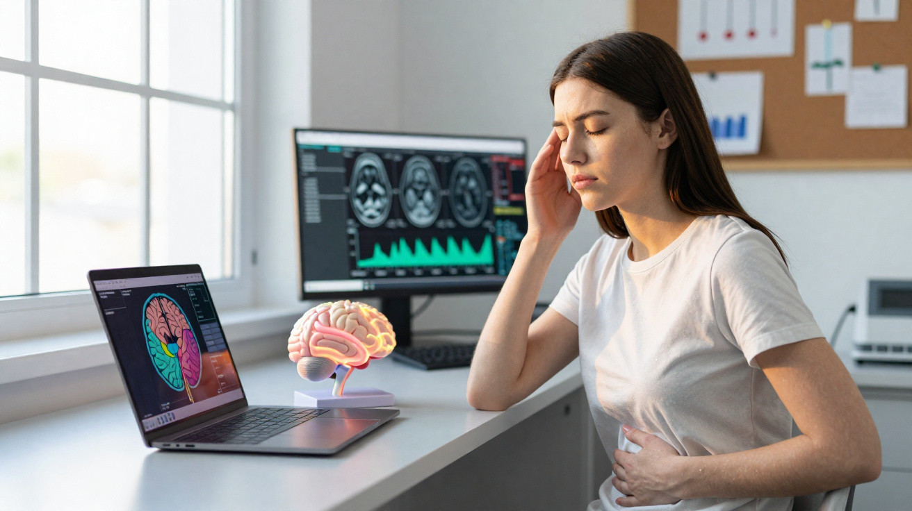Mulher com dor de cabeça e abdominal sentada junto a computador com imagens de cérebro em ambiente clínico.