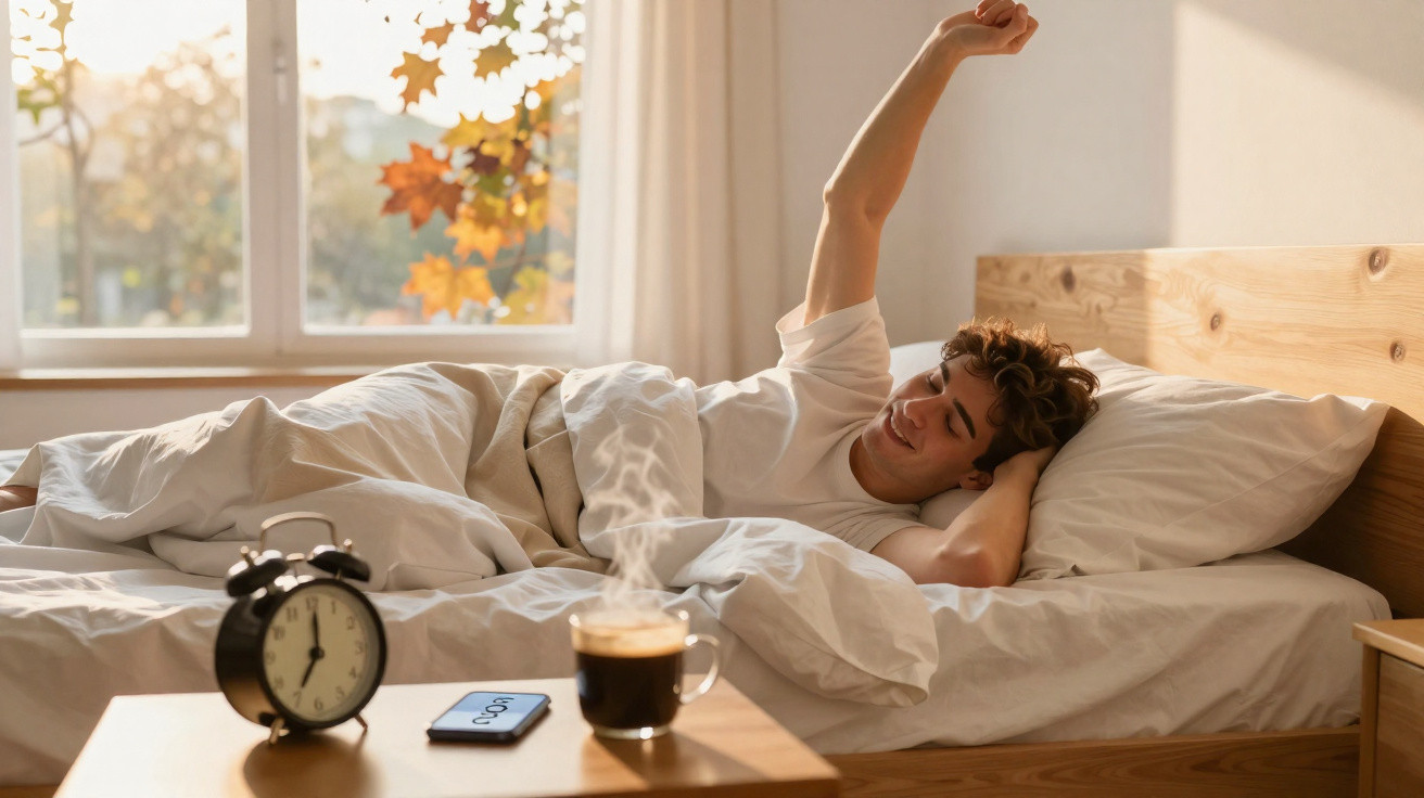 Homem a espreguiçar-se na cama de manhã, com alarme, telemóvel e café numa mesa próxima.