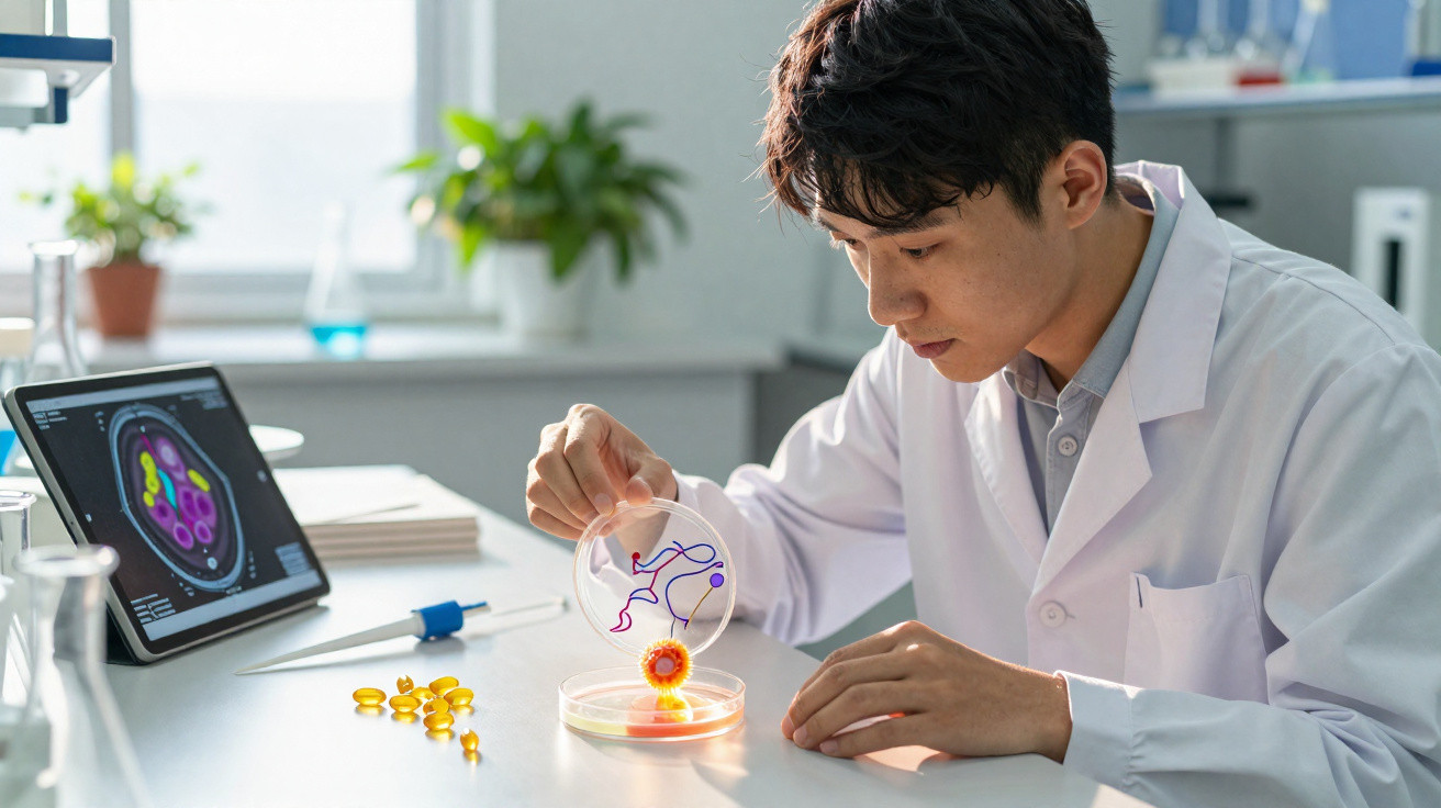 Cientista em bata branca a analisar cultura celular numa placa de Petri num laboratório moderno.