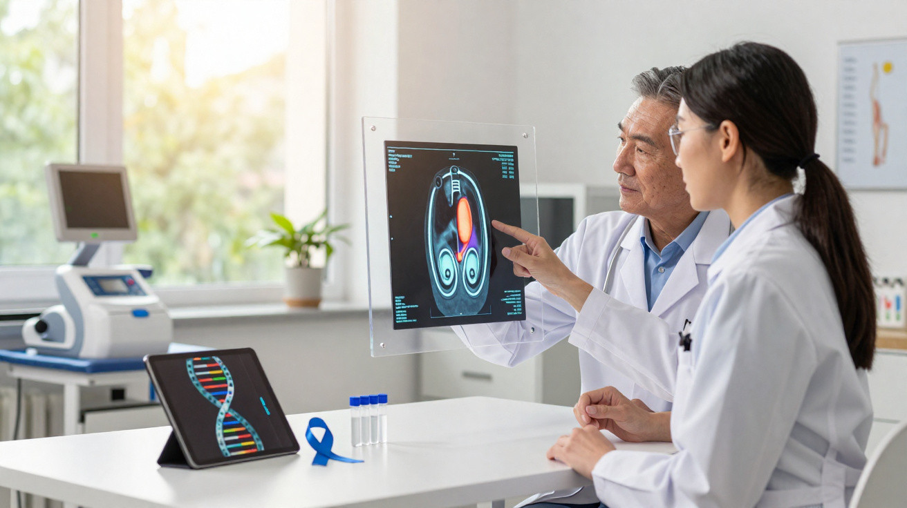 Dois médicos analisam uma ressonância com tumor na zona testicular numa clínica moderna.