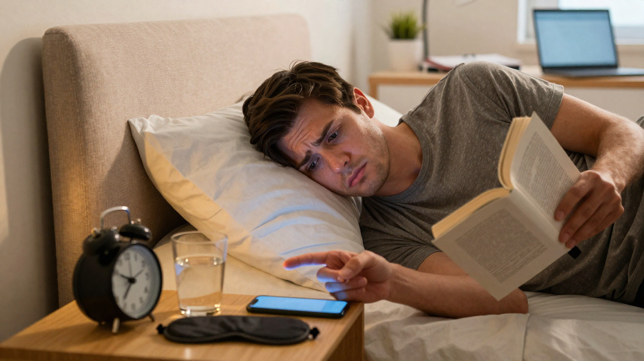 Homem deitado na cama a ler um livro, a olhar preocupado para o telemóvel na mesa de cabeceira.
