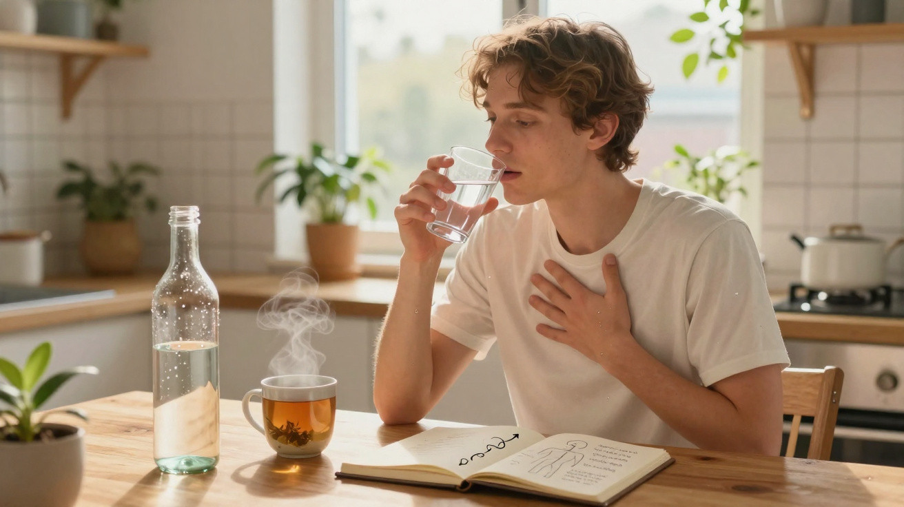 Jovem sentado à mesa da cozinha a beber água, com chá quente e caderno aberto à sua frente.
