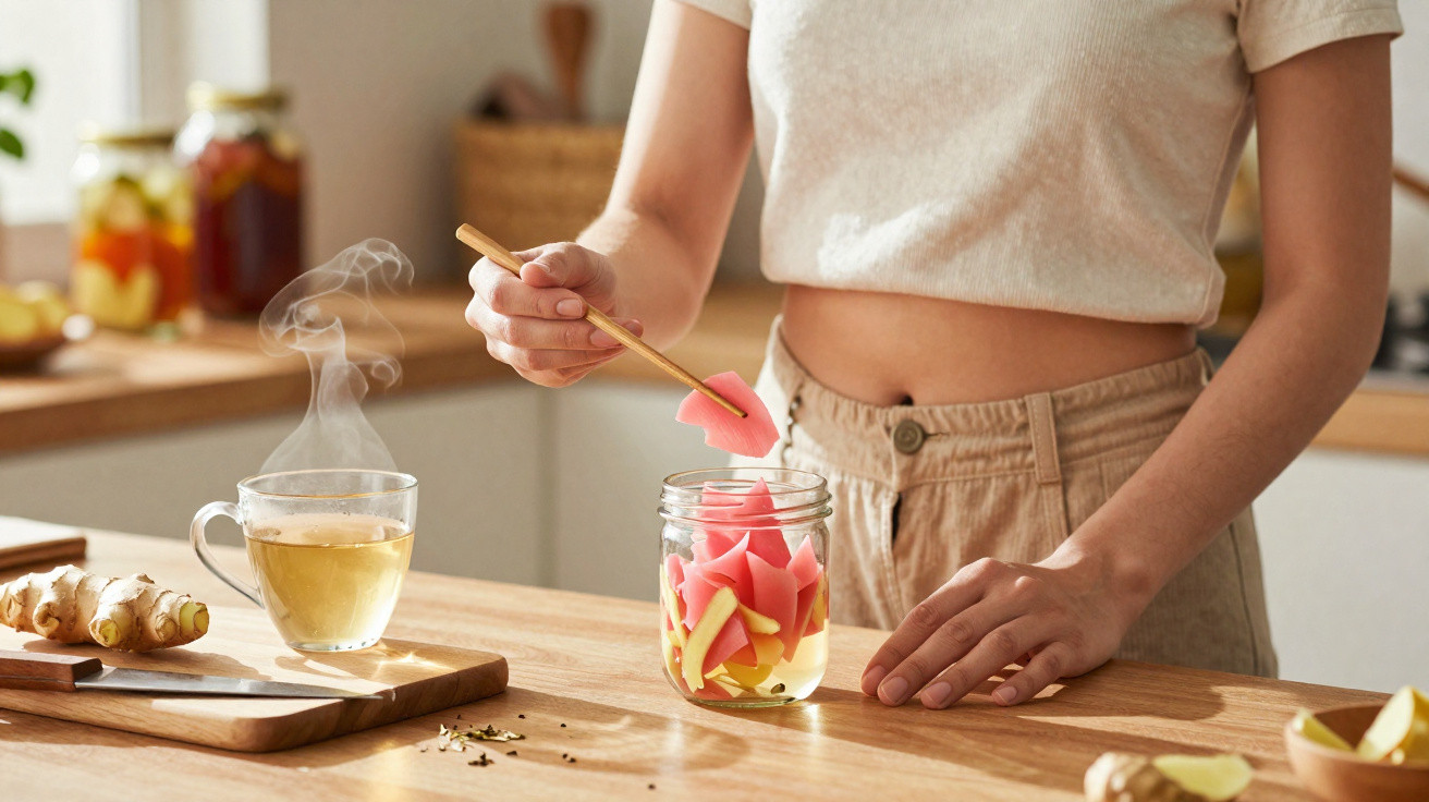 Pessoa a preparar infusão com gengibre e flores numa cozinha iluminada.