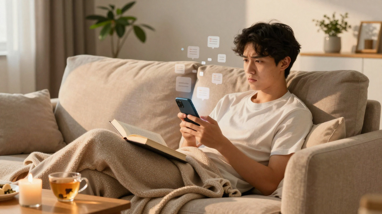 Jovem sentado no sofá a ler um livro e usar o telemóvel, rodeado por mantas e chá.