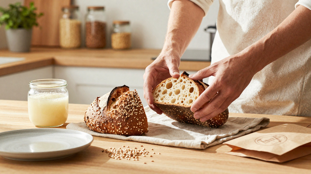 Pessoa a partir um pão artesanal com sementes numa cozinha luminosa, sobre toalha beige.