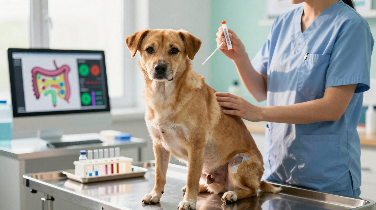 Cão castanho sentado em mesa metálica com veterinária a segurar amostra para exame em clínica veterinária.