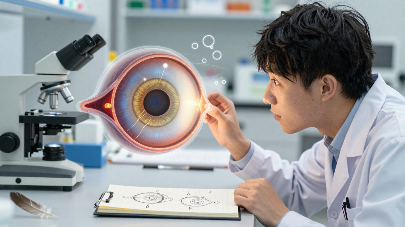 Cientista de olhos atentos estuda modelo digital detalhado de olho humano em laboratório moderno.